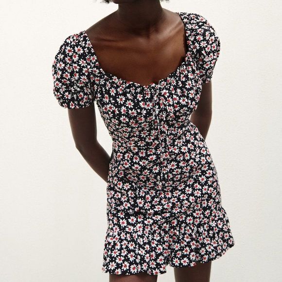 NEW ZARA WOMAN RED-BLACK DAISY‎ PRINT DRESS SIZE S 9878/093 - Picture 1 of 8